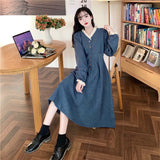 Work Dresses for Teachers Retro V-neck Corduroy Dress Women's Autumn and Winter plus Size Skirt
