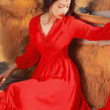 Women Cottagecore Dress Bright Red Dress Travel Clothes