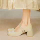 Nude Pumps Block Heel Thick Heel Leather Shoes