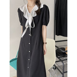 Kim Kardashian Marilyn Monroe Dress Summer Solid Color Dress Women's French Retro Mid-Length Lapel A- line Dress