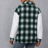 Women Sherpa Jacket Stitching Loose Casual Plush Shirt Plaid Jacket Jacket