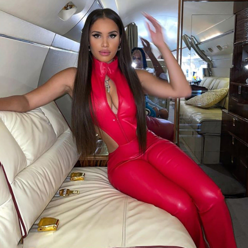 Autumn Sexy Sleeveless Zipper Hollow High Waist Tight Poly Urethane Leather Jumpsuit