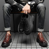 Indo Western Shoes Autumn Men's Leather Shoes Cowhide Platform Height Increasing British Style Casual Brogue Business Men's Shoes