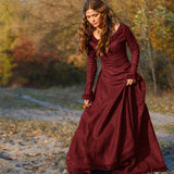 Vintage Empire Waist Dress Red Dress Long Sleeve round Neck Slim Fit Female Dress