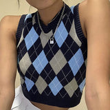 Preppy Aesthetic Outfits Women's Diamond Plaid Sleeveless Sweater Preppy Style Woolen Vest for Women
