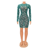 Kesha Black Dress Fashion Sexy Mesh Floral Print Long Sleeve Dress for Women