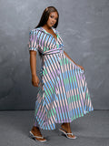 Women Plus Size Maxi Dresses Striped Printing Color Contrast Long Sleeve Shirt Dress