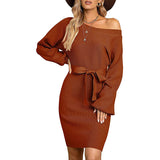 Sweater Dress Outfit With Tights 2 Pieces Set Autumn and Winter Knitted Solid Color Slim Women's Long Sleeve off-Shoulder Dress