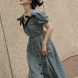 Women cottagecore Dress Summer Retro Square Collar Puff Sleeve Floral Temperament