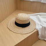 Straw Hat Raffia Flat-Top Cap Summer Sun Protection for Children Beach Straw Hat