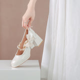 Nude Pumps Block Heel Mary Jane Women's Shoes Bow Thick Heel Leather Shoes