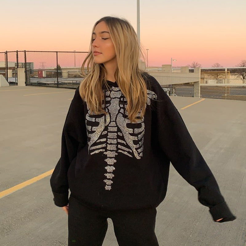 Skeleton Hoodie Summer Handsome Street Style Sternum Hot Drilling Hooded Pullover Long Sleeve Sweater