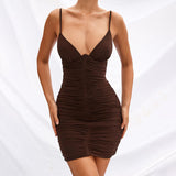 Women Summer Dresses Mini Dress Autumn Fashion Dress Sexy V-neck Mesh Pleats Backless Slip Dress Dress