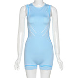 Summer Women's Printed Contrast Color Sexy Sleeveless Sheath Tight Sports Jumpsuit