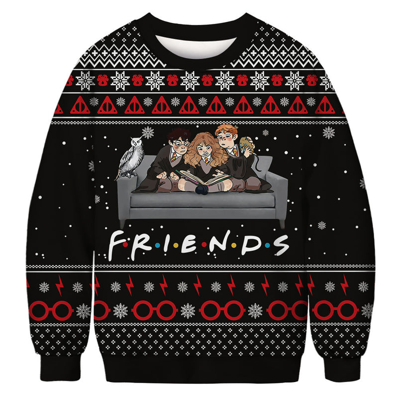 Black Christmas Sweater Christmas round Neck Sweater Casual Funny Santa Claus