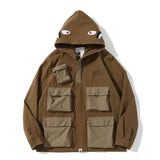 Shark Print Jacket Autumn and Winter Multi-Pocket Workwear Jacket Hooded Coat