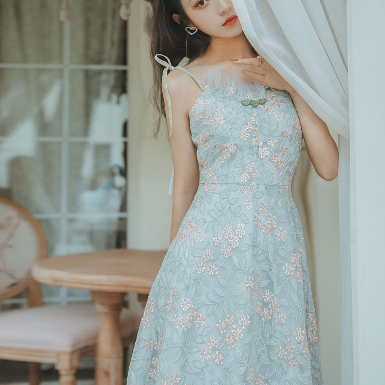 Women Cottagecore Dress Green Waist Trimming Spaghetti Straps Dress Summer