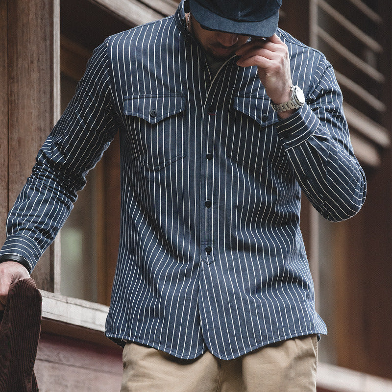 Work Shirts Vintage Striped Shirt Long-Sleeved Jacket for Men