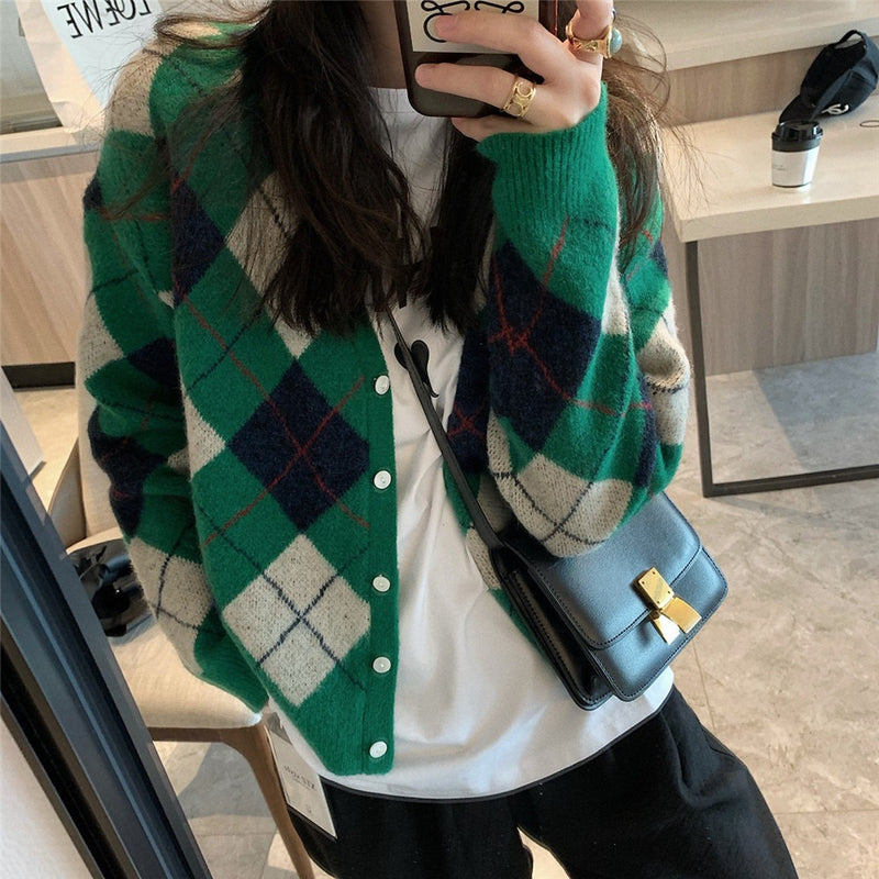Preppy Aesthetic Outfits V-neck Knitted Cardigan Women's Loose Autumn and Winter Vintage Sweater Coat