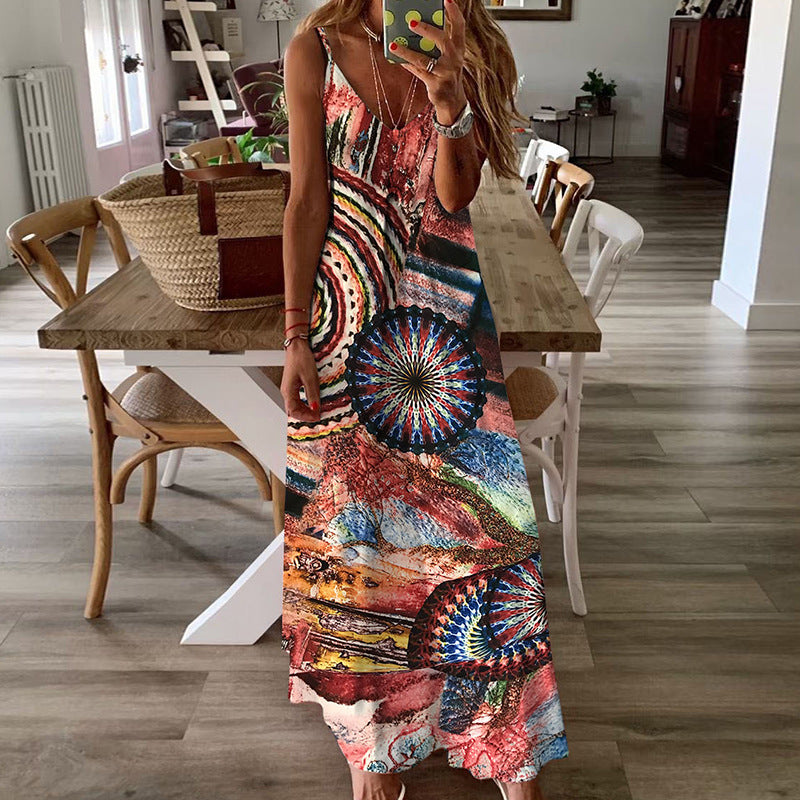 Women Bohemian Dress Summer Loose Printing Slip Dress