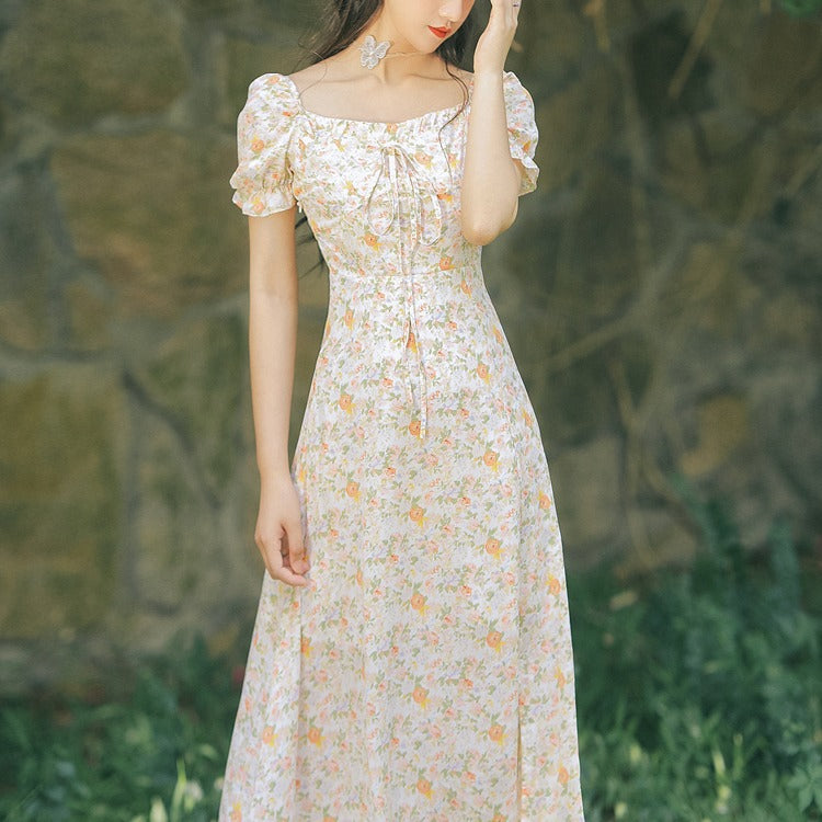 Women Cottagecore Dress French Style Retro Square Collar Dress Summer