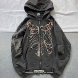 Present Hoodie Vintage Distressed Bone Print Rock Zipper Hooded Sweater
