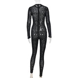 Kesha Black Dress European Sexy Flocking Slimming Zipper See-through Jumpsuit