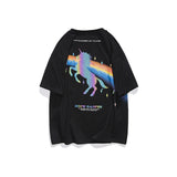 Unicorn Reflective T-shirt Men Loose Street Rainbow Short Sleeve Couple Colorful Laser Crew Neck T-shirt