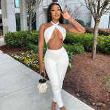 Summer women's sexy backless halter solid color high waist tight casual sports jumpsuit