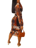 Women Plus Size Midi Dresses Summer Long Sleeve Printed Bodycon Dress