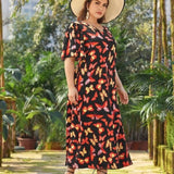 Women Plus Size Maxi Dressesv Collar Printed Butterfly Short Sleeve Dress