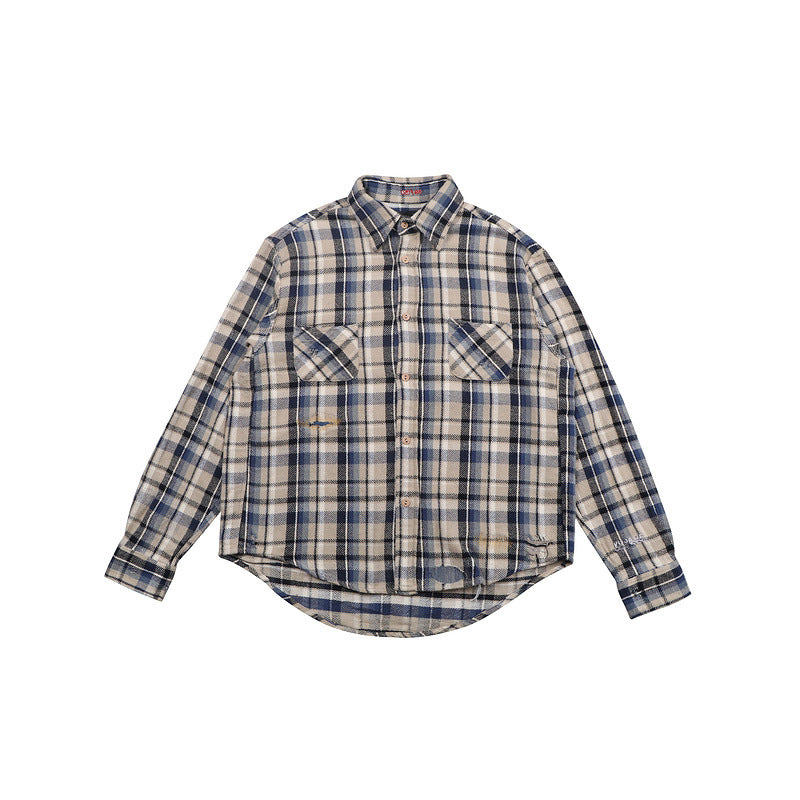 Mens Flannel Jacket Destroyed Plaid Shirt Flannel Vibe Style Shirt Coat
