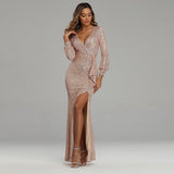 Kim Kardashian Marilyn Monroe Dress Split Long Sleeve Sequined Banquet Evening Dress for Women