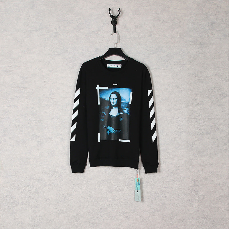 Off White Long Sleeve Round Neck Sweater Autumn And Winter Mona Lisa Pattern Crew Neck Pullover Sweatshirt