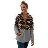 Women Sherpa Jacket Brushed Hoody Women Fall/Winter Camouflage Stitching Short Plush Top