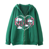 Skeleton Hoodie Winter Fleece Women's Long Sleeve Hoodie Heart-Shaped Clothes Printed Zipper