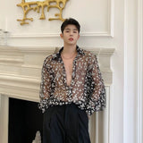 Transparent Shirt for Men Sheer Top Slim-Fit Long-Sleeved Lace Shirt