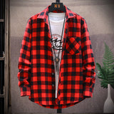Mens Flannel Jacket Brushed Plaid Slim-Fit Long-Sleeved Shirt Fashion Shirt