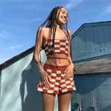 Women Top & Skirt 2 Piece Set Summer Backless Halter Vest Sheath Shorts Casual Suit