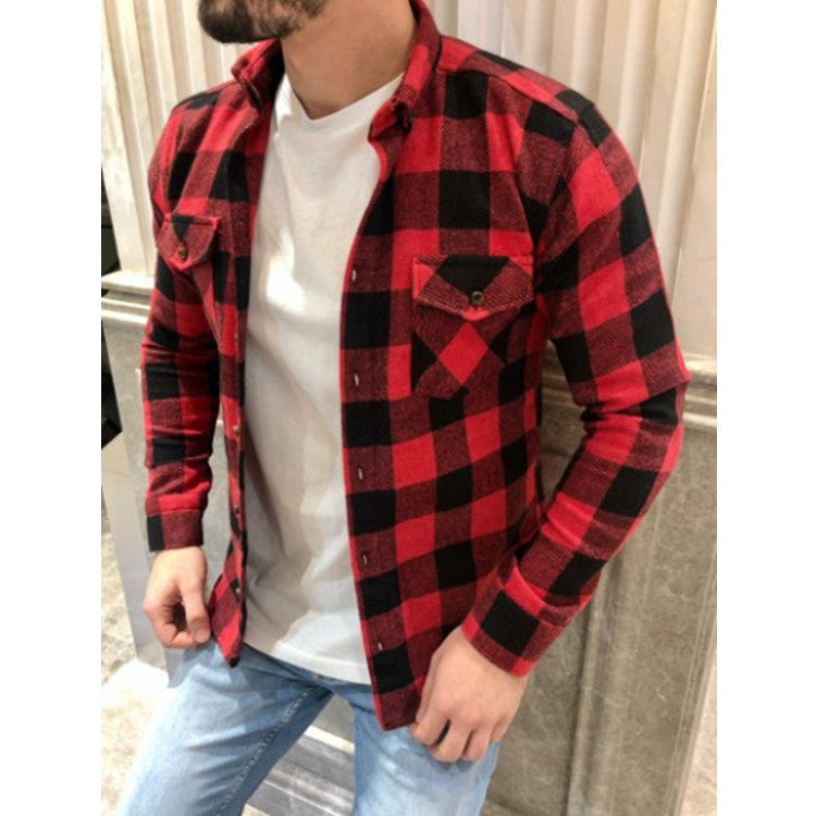 Mens Flannel Jacket Plaid Shirt Outer Wear Slim-Fit Long-Sleeved Shirt For Men