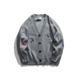 Man Fall Winter Outfis Autumn and Winter Retro Smiling Face Embroidery Cardigan Coat Men and Women Loose Casual Sweater