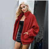 Women Sherpa Jacket Long Sleeve Warm Cardigan Autumn and Winter Loose Lambswool Turn-down Collar Coat
