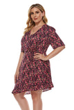 Women Plus Size Mini Dresses v Collar Printed Lace Up Dress