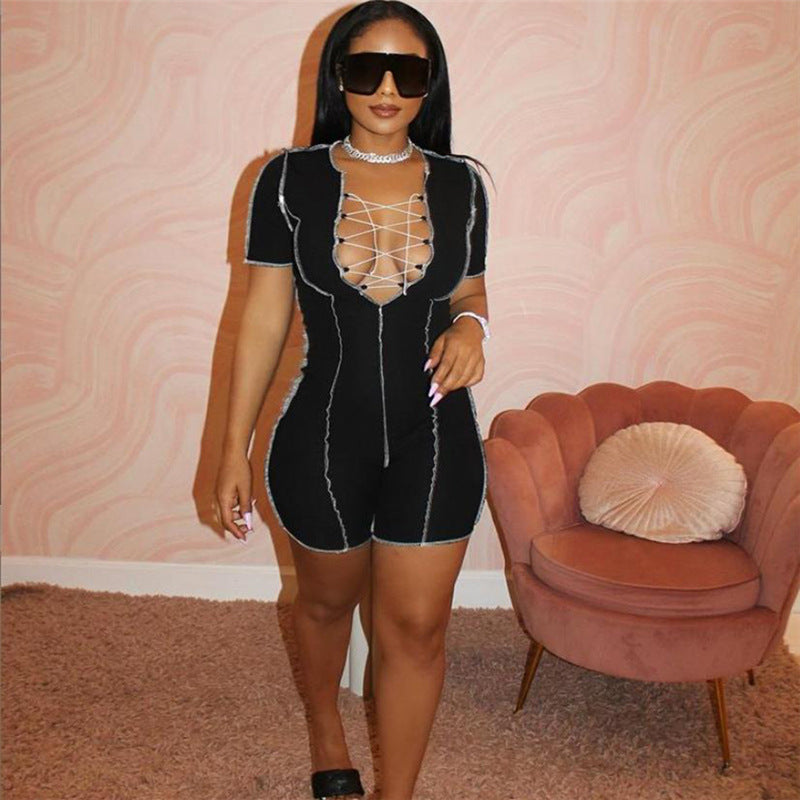 Summer women's personalized line high waist hollow strap sheath casual sports jumpsuit