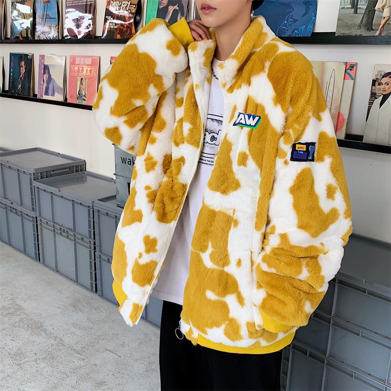 Men's Autumn Winter Coat Stand Collar Color Matching Plush Cotton-Padded Coat