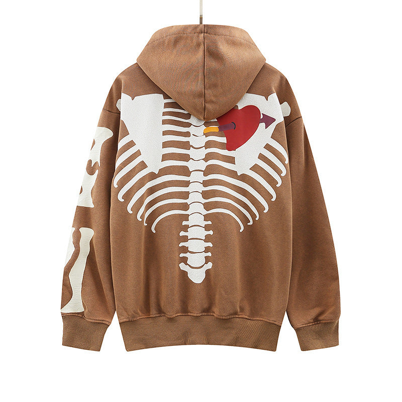 Skeleton Hoodie Washed Bone Heart Chapped Printed Hooded Terry Couple Sweater
