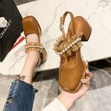 Nude Chunky Heel Sandals Mary Jane Shoes