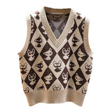 Preppy Aesthetic Outfits Spring Vintage Hit Color Diamond Lattice Knitted Waistcoat for Women V-neck Pullover Sweater
