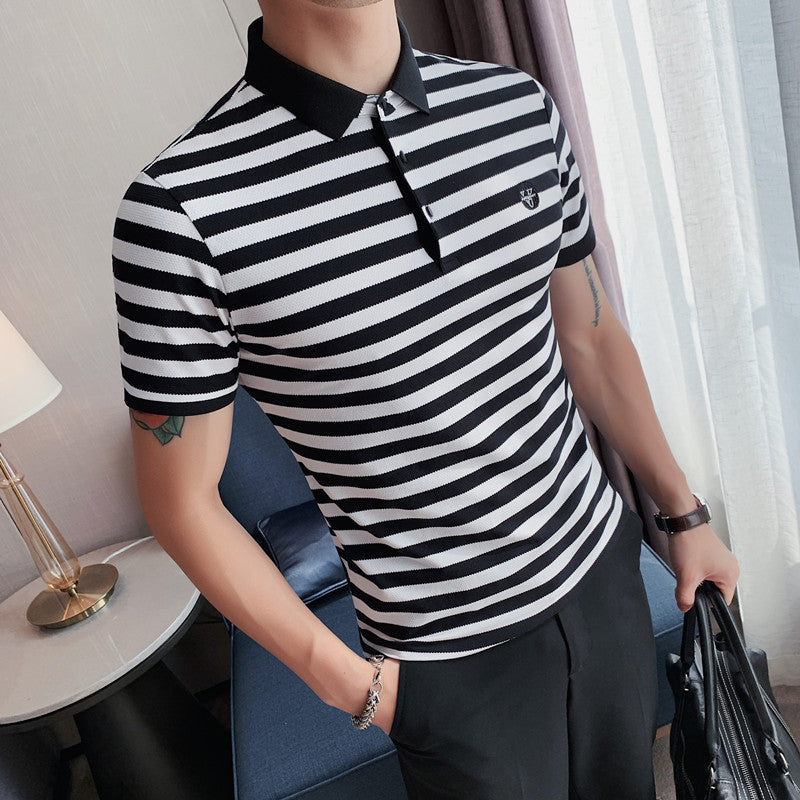Men Polo Shirts Striped Lapel T-shirt