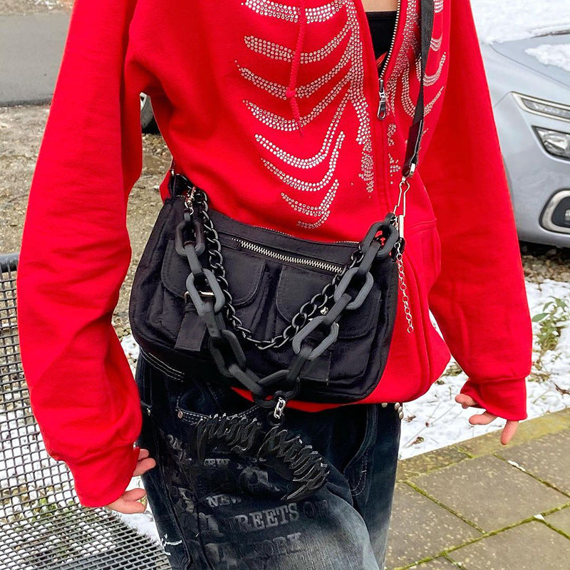 Skeleton Hoodie Sternum Rhinestone Zipper Hooded Loose Sweater